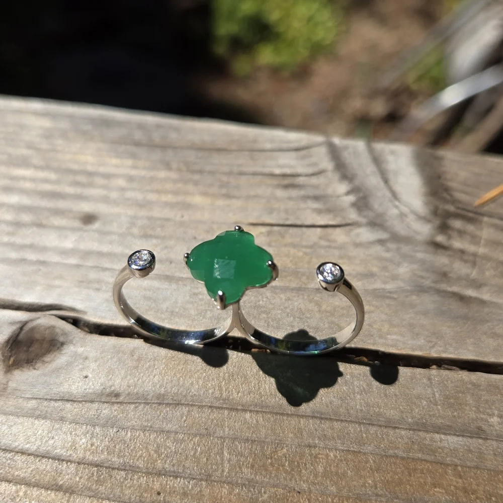 8k clover cut Emerald & Topaz dual finger ring adjustable size8 - Picture 5 of 13